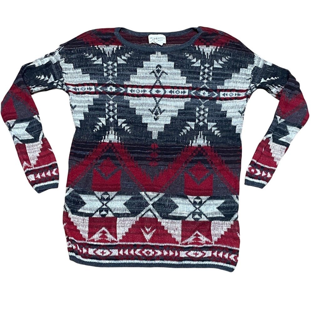 Denim & Supply Ralph Lauren Women's Sm Aztec Print Sweater Southwestern Red Gray